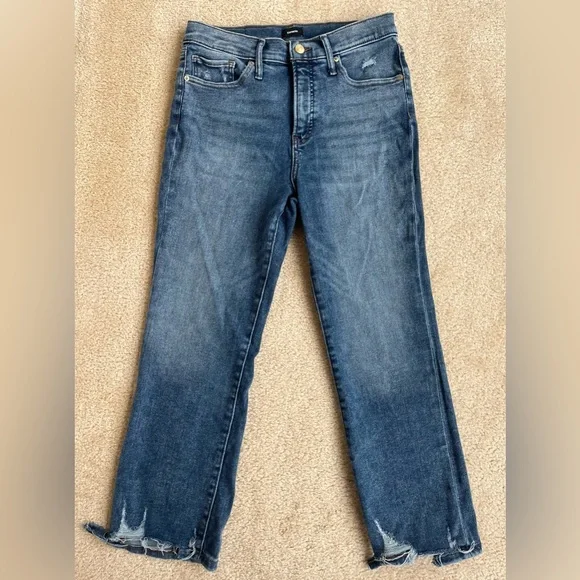 Express Medium Wash Cropped Flare High Rise Hyper Stretch Denim Jeans Size 8 - Picture 3 of 13